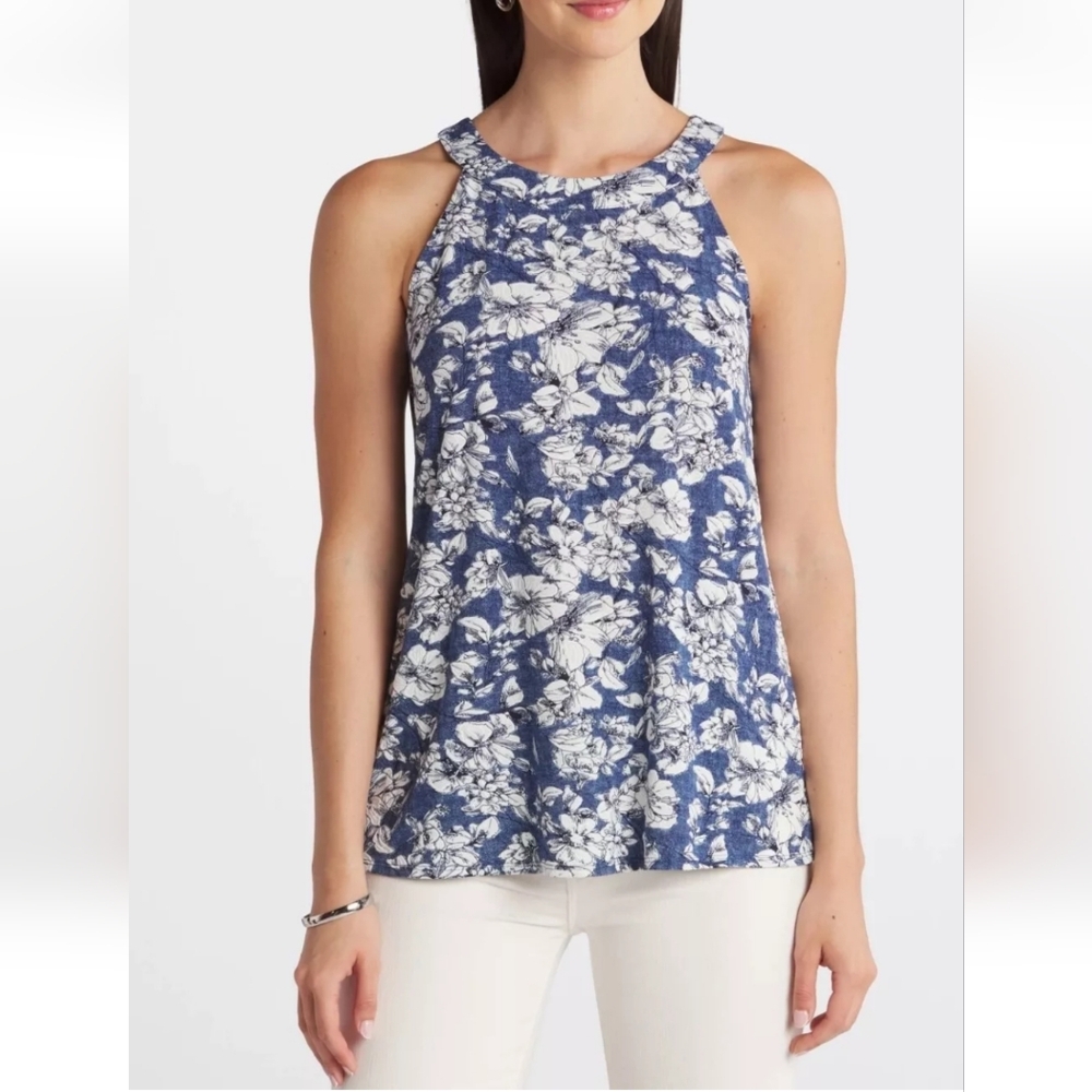 Fortune & Ivy Stitch Fix Opal Blue White Knit Halter Tank Top Women's Size Small